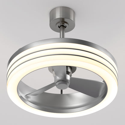 The Artika Horizon 23 in. LED modern ceiling fan features a circular LED light ring, metallic blades, and a sleek silver finish. It offers 3 speeds and comes with a remote, shown mounted on a white ceiling.