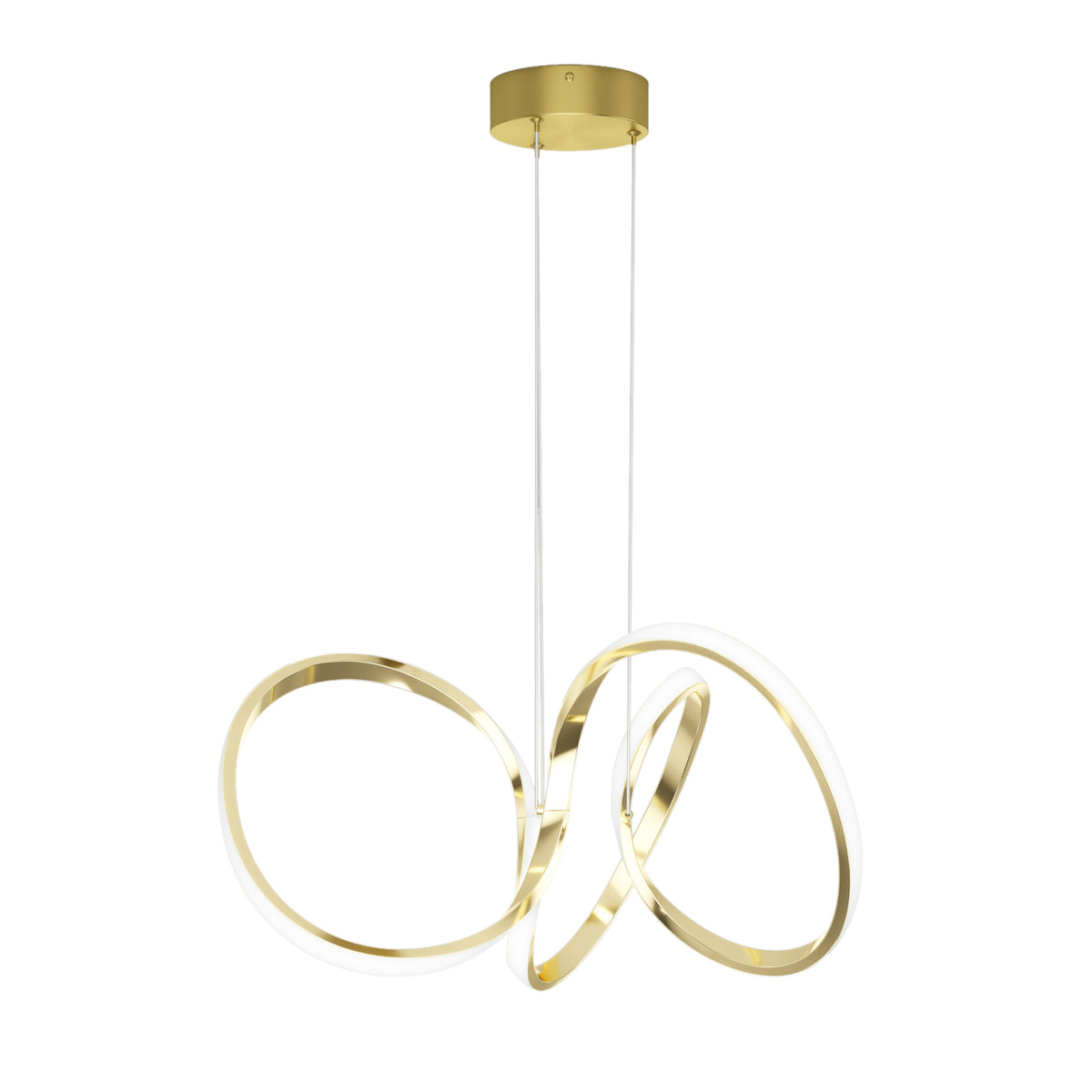 The Swirl LED pendant light by Artika features three interlocking gold rings with integrated energy-efficient LEDs, suspended from the ceiling by slim cords and a round mount for a modern look.