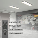 A modern garage with bright ceiling lights, organized shelves, and a storage cabinet. Text highlights remote features: 30-second timer off, night light, 3-level dimmer, and 3 color changing presets. A remote is shown in the foreground.