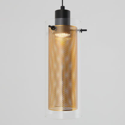 The Artika Oxion 1-light LED pendant features a cylindrical gold perforated metal shade inside a clear glass cylinder, hanging from a black cord against a gray background.