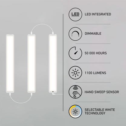 Artika Maestro 3-pack under cabinet LED lights, 3 CCT selectable, dimmable, hand sensor, 1100 lumens—perfect kitchen lighting.