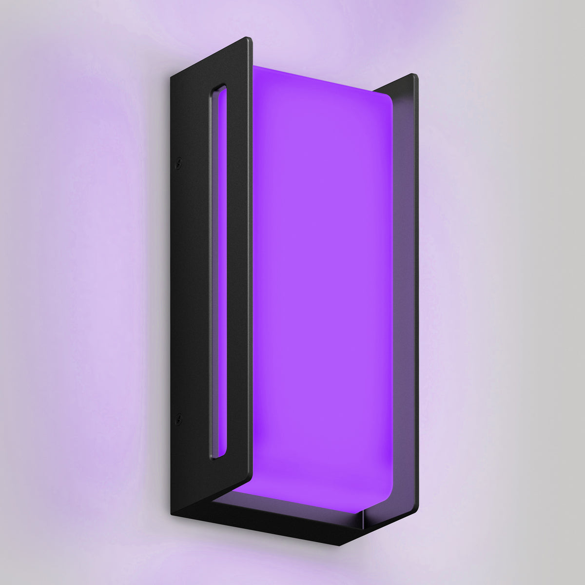 A modern wall light fixture with a rectangular black frame and a glowing purple panel, mounted on a light-colored wall. The light emits a soft, vibrant purple glow.