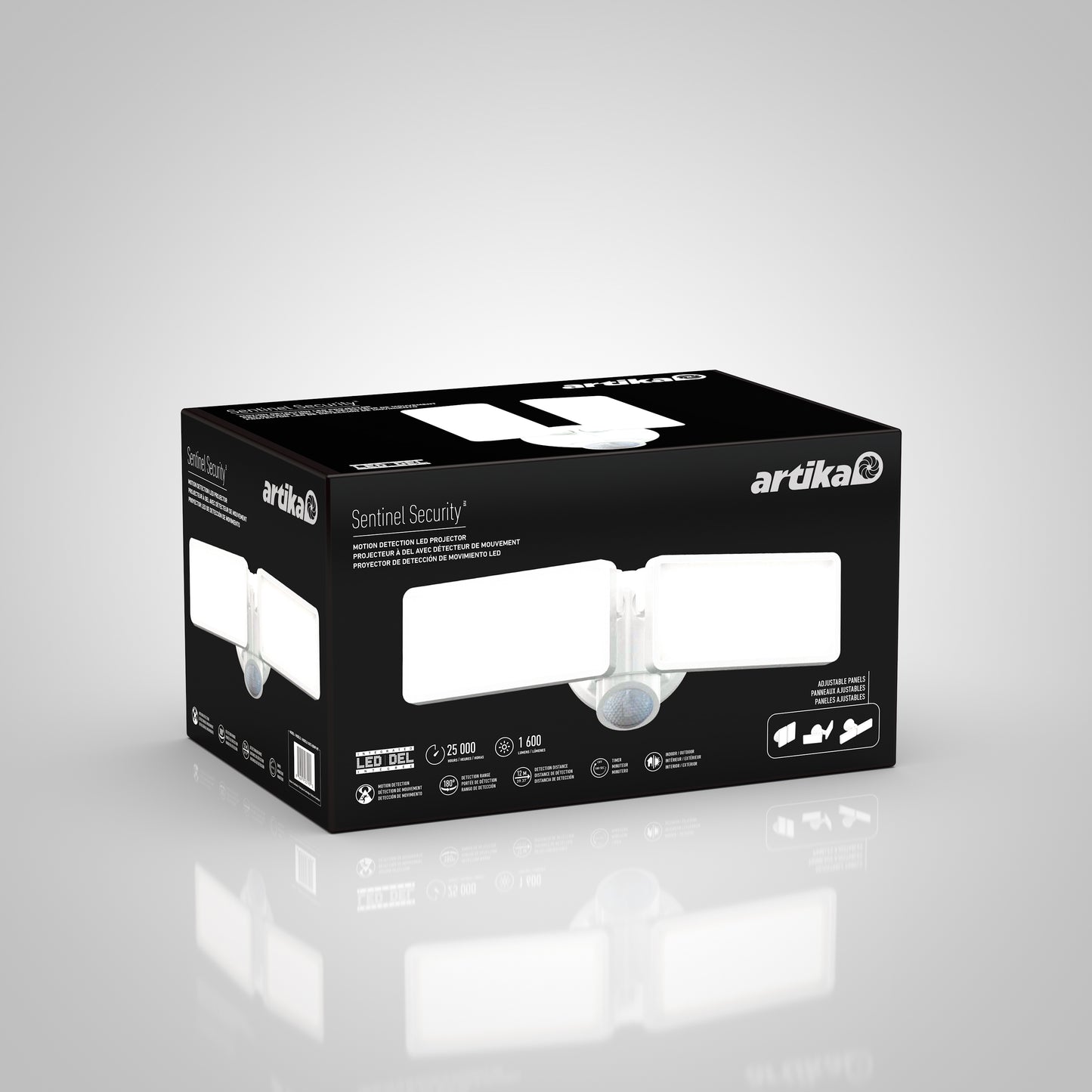 Black box packaging for the Artika Sentinel Outdoor Flat Panel Security Light, displaying product images, specs, and branding on a white reflective surface against a light gray background.