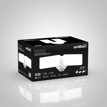 Black box packaging for the Artika Sentinel Outdoor Flat Panel Security Light, displaying product images, specs, and branding on a white reflective surface against a light gray background.