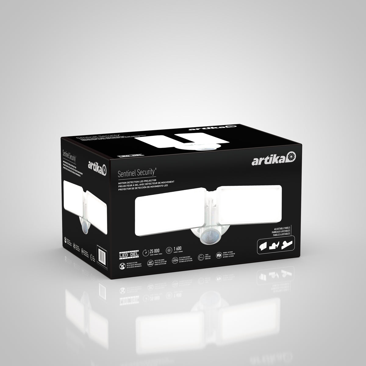 Black and white box for the Artika Sentinel Outdoor Flat Panel Security Light, showing images of the fixture and product details on a light gray background.
