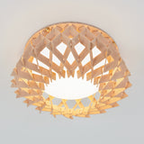 A ceiling light fixture with a geometric, lattice-patterned wooden shade surrounding a glowing white bulb, mounted on a white ceiling.