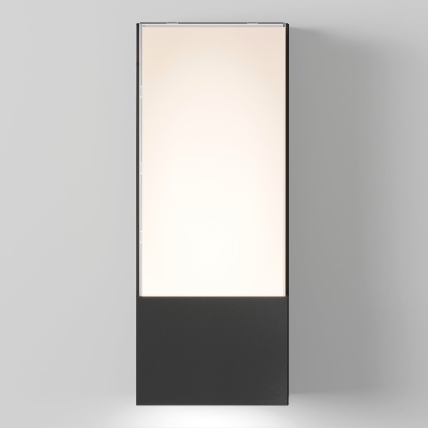 The Artika Dixon indoor-outdoor LED wall light features a tall rectangular design with a glowing white upper section and solid black base, shown against a plain light gray background.