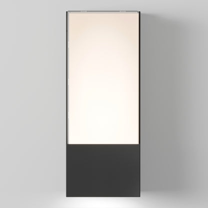 The Artika Dixon indoor-outdoor LED wall light features a tall rectangular design with a glowing white upper section and solid black base, shown against a plain light gray background.