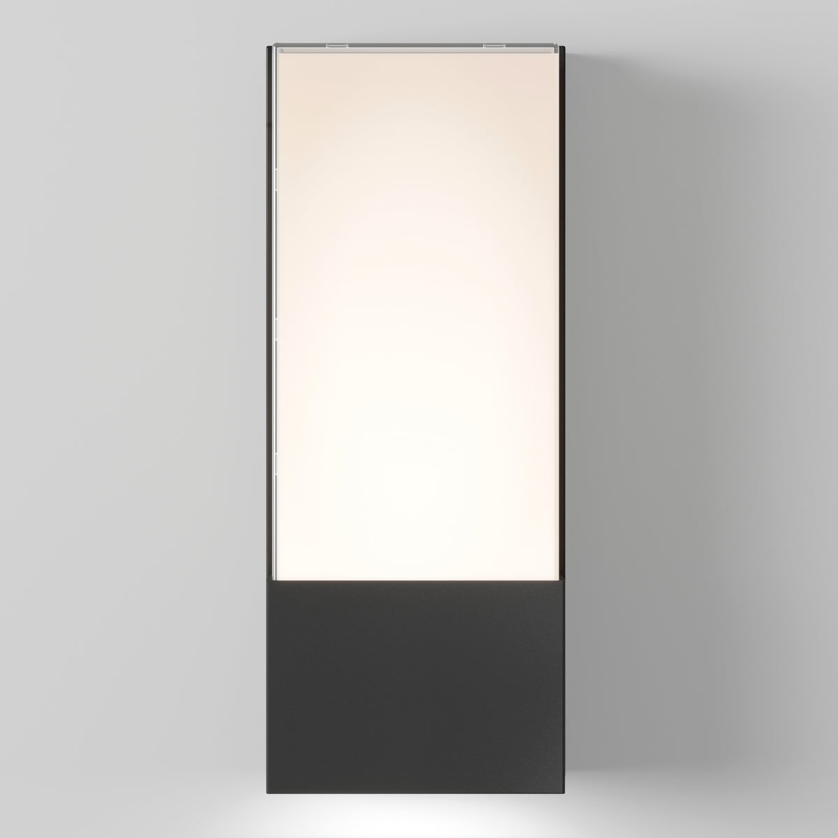 The Artika Dixon indoor-outdoor LED wall light features a tall, rectangular design with a glowing white upper section and solid black lower section, displayed against a plain light gray background.