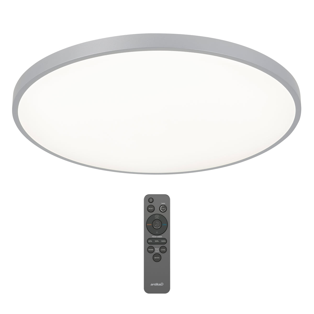 The Artika Jupiter 23 in. LED flush mount light features a white diffuser, silver trim, and comes with a black remote control.