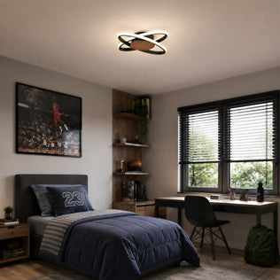 A modern bedroom with wood shelves, desk, blinds, sports decor, and an Artika Atomic 15" LED flush mount ceiling light.