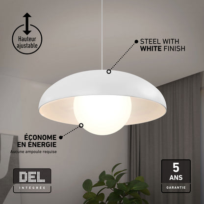 Artika Boden LED mid-century pendant, 3 CCT, white finish, energy-saving, 5-year warranty—perfect over a green plant.