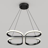 The Artika Atrium LED pendant light 5CCT features two interlocking black rings with glowing white LED edges, suspended by four thin black cables from a round black ceiling mount, set against a plain gray background.
