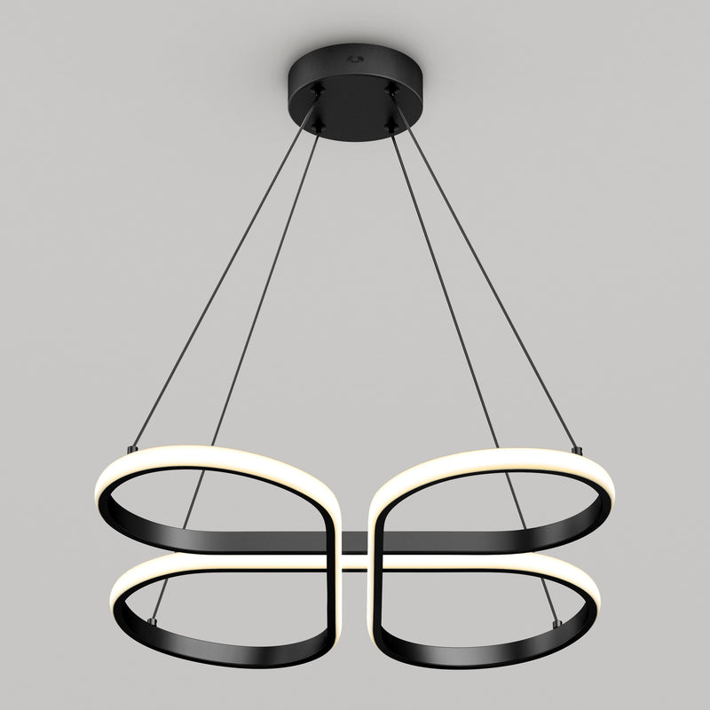 The Artika Atrium LED pendant light 5CCT features two interlocking black rings with glowing white LED edges, suspended by four thin black cables from a round black ceiling mount, set against a plain gray background.