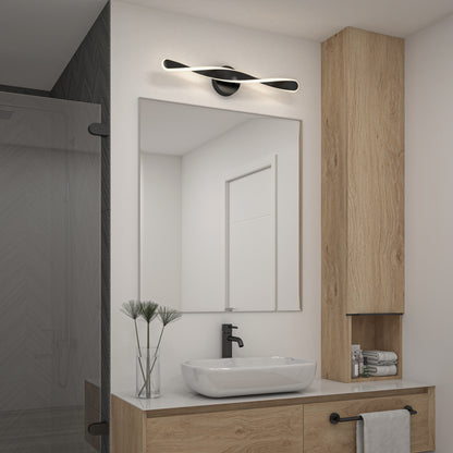 Modern bathroom featuring a wooden vanity, white vessel sink, black faucet, large mirror, vertical wooden cabinet, rolled towels, and the Artika Finley LED modern vanity light 3 CCT above the mirror. Glass shower visible on the left.