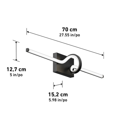 The Artika Bowtie modern LED bathroom vanity light 5 CCT is a sleek wall-mounted fixture with a black base and white tubular design, measuring 70 cm (27.6) wide, 12.7 cm (5) high, and 15.2 cm (6) deep.