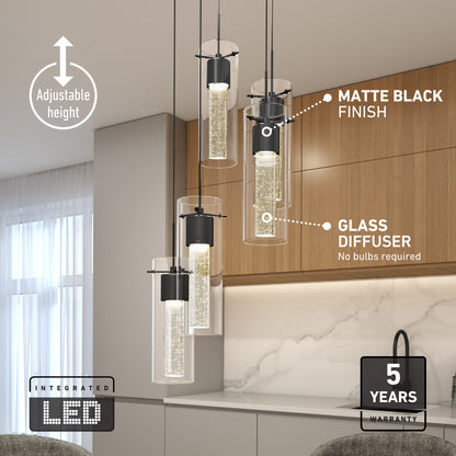 The Artika Essence 5-light LED pendant features adjustable height, integrated LED, matte black finish, glass diffusers, and a 5-year warranty—perfect for adding modern style over your kitchen counter.