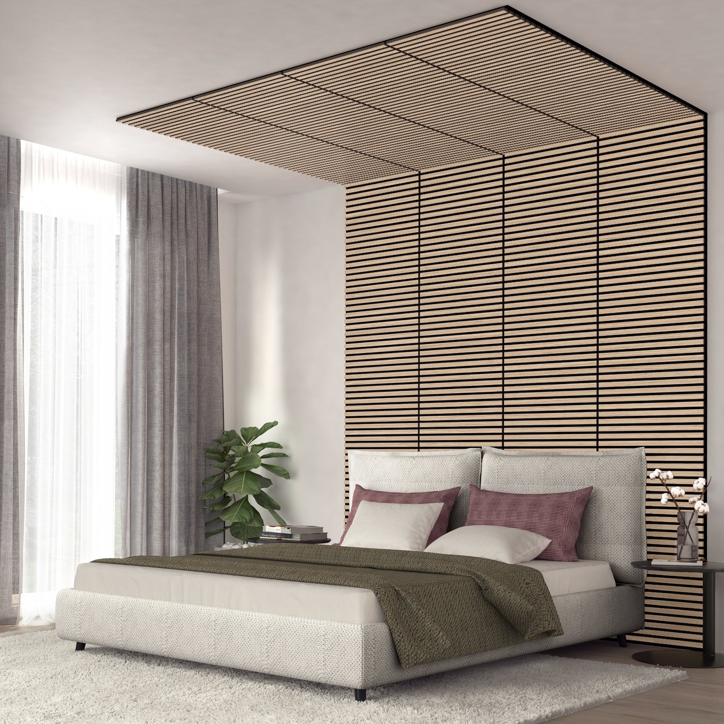 Modern bedroom with a low beige bed, green blanket, and mauve pillows. Behind the bed, Artika-CAN-devs Sonolok 15.5 ft sound-absorbing wall panel kit features horizontal wooden slats. A potted plant and gray-curtained window are on the left.