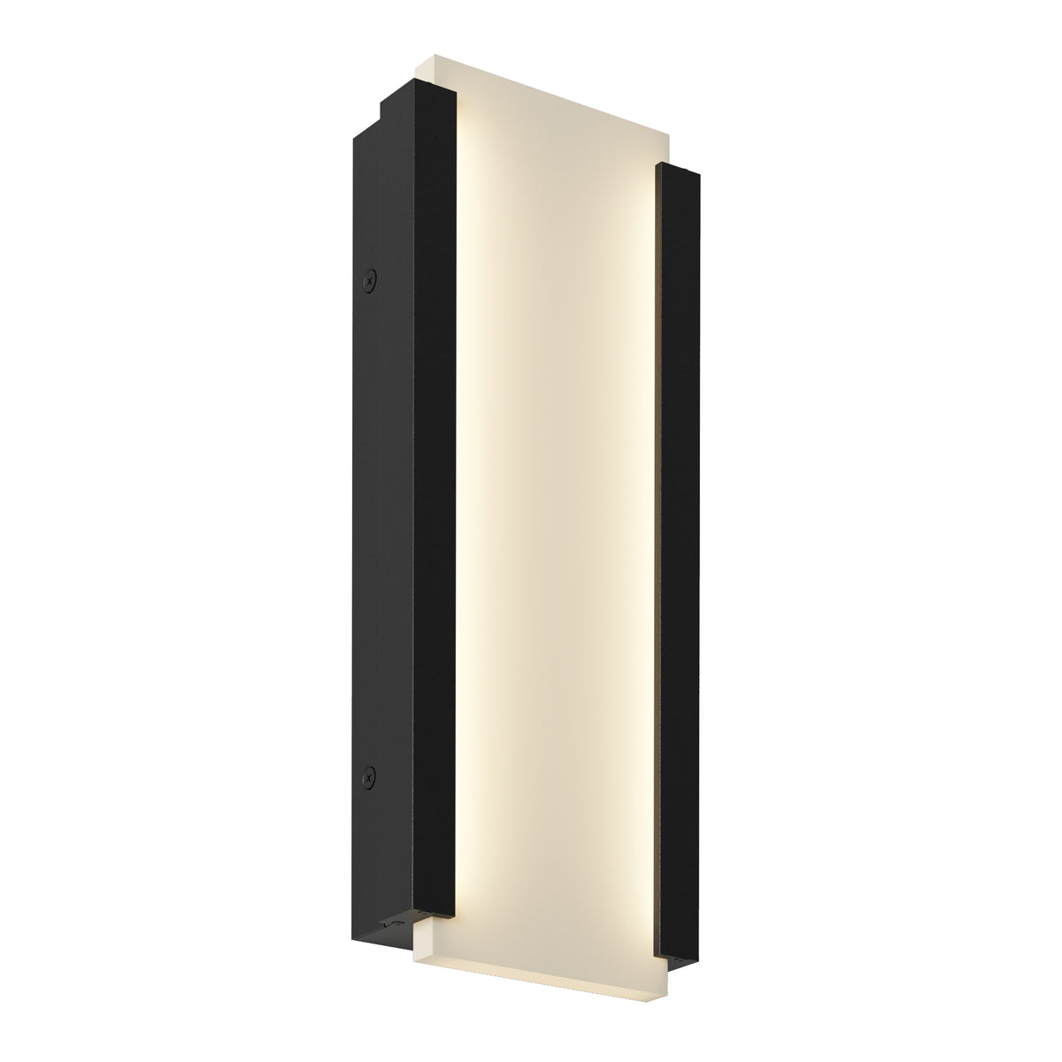 A modern wall sconce with a rectangular frosted white center panel, framed by two black vertical side panels, emitting a soft, even light.