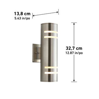 The Artika Voltz indoor-outdoor wall light features a modern cylindrical design with horizontal slots, brushed metal finish, and mounts on a rectangular wall plate. Dimensions: 32.7 cm (12.87 in) high x 13.8 cm (5.43 in) wide.