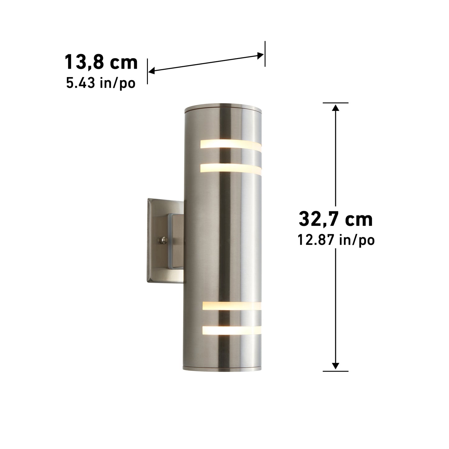 The Artika-CAN-dev Voltz indoor/outdoor wall light features a modern cylindrical design with a brushed metal finish, horizontal cutouts, and measures 13.8 cm wide by 32.7 cm tall—perfect for stylish outdoor lighting.