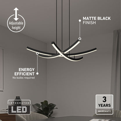 The Orly modern LED pendant light by Artika-CAN-dev features curved matte black bars, adjustable height, energy efficiency, 5 CCT color options, and a 3-year warranty—perfect above tables in minimalist spaces.