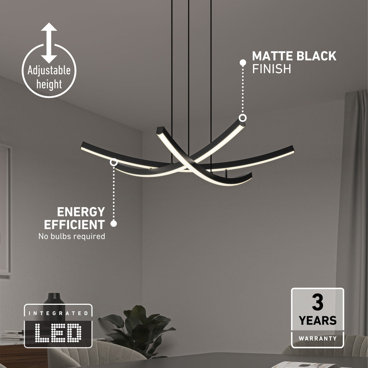 Modern black LED chandelier with curved bars hangs above a dining table in a minimal room. Text highlights adjustable height, matte black finish, energy efficiency, integrated LED, and a 3-year warranty.