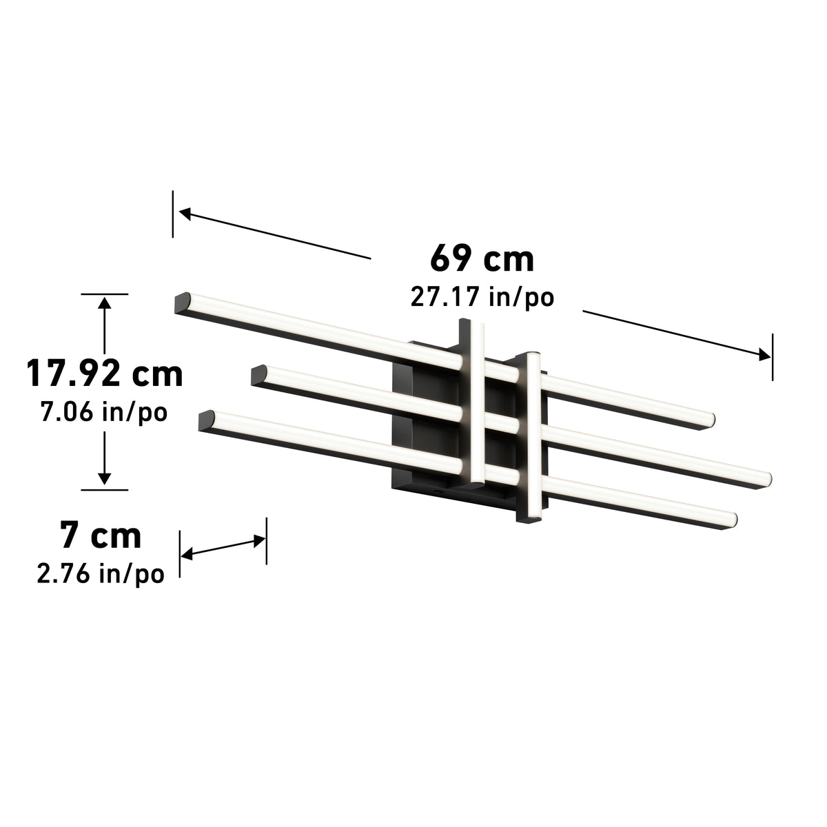 A wall-mounted metal rack with three horizontal bars. Dimensions are labeled as 69 cm (27.17 in) wide, 17.92 cm (7.06 in) high, and 7 cm (2.76 in) deep.