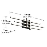 A wall-mounted metal rack with three horizontal bars. Dimensions are labeled as 69 cm (27.17 in) wide, 17.92 cm (7.06 in) high, and 7 cm (2.76 in) deep.