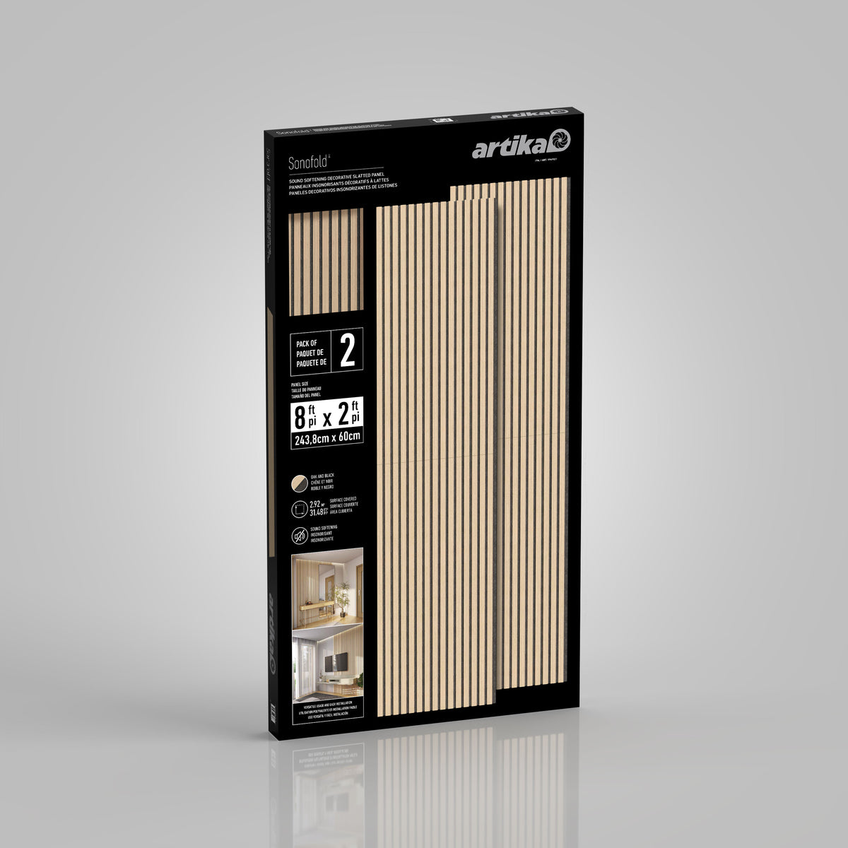 A rectangular black package of Artika Sonofoil wall slat panels is shown against a gray background. The package shows light wood panels and product details, including size (24.5 x 86cm), quantity (2 panels), and usage images.