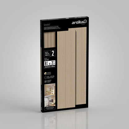 A rectangular black package of Artika Sonofoil wall slat panels is shown against a gray background. The package shows light wood panels and product details, including size (24.5 x 86cm), quantity (2 panels), and usage images.