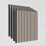 Four acoustic wall panels with a modern design, featuring vertical light wood slats evenly spaced apart on a dark background, are shown staggered against a plain white backdrop.