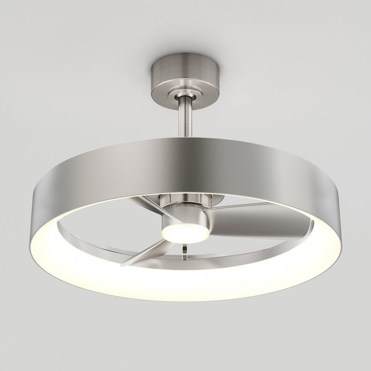 The Artika Austin 23 in. LED modern ceiling fan features a circular metallic frame, integrated LED light ring, quiet motor, and three blades mounted on a stainless steel rod; includes remote control.
