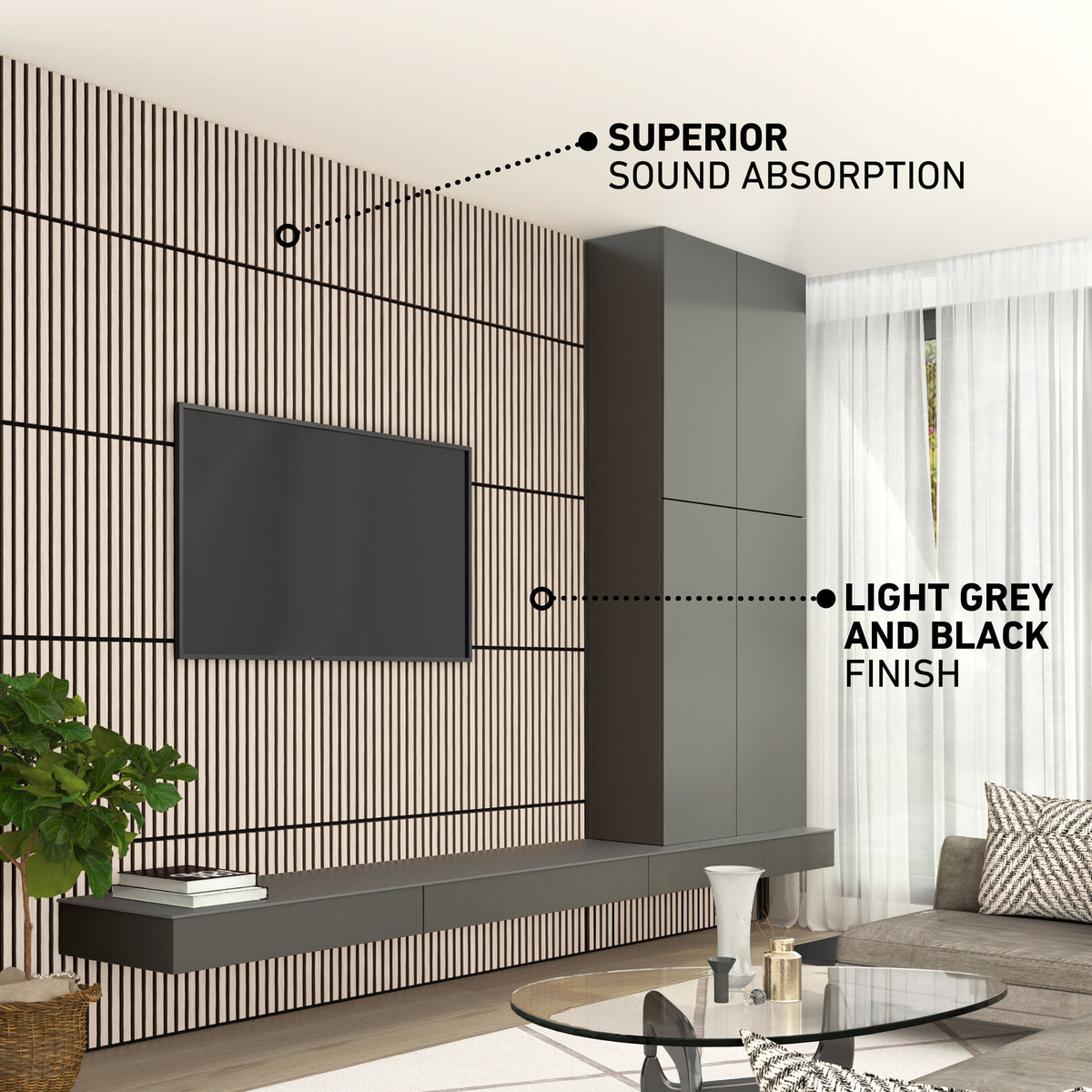 Modern living room with black TV, grey cabinets, and Artika Sonolok 15.5 ft sound-absorbing wall panel kit (4-pack) for style and quiet.