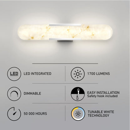 The Artika Selena 3 CCT LED bathroom vanity light features integrated LEDs, dimmable 1700-lumen output, tunable white technology, 50,000-hour lifespan, and easy installation—shown glowing on a gray wall above icons and text.