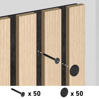 Illustration showing a screw being inserted into a wooden slat panel, with a round black cover placed over the screw. Below are icons indicating 50 screws and 50 black covers included.