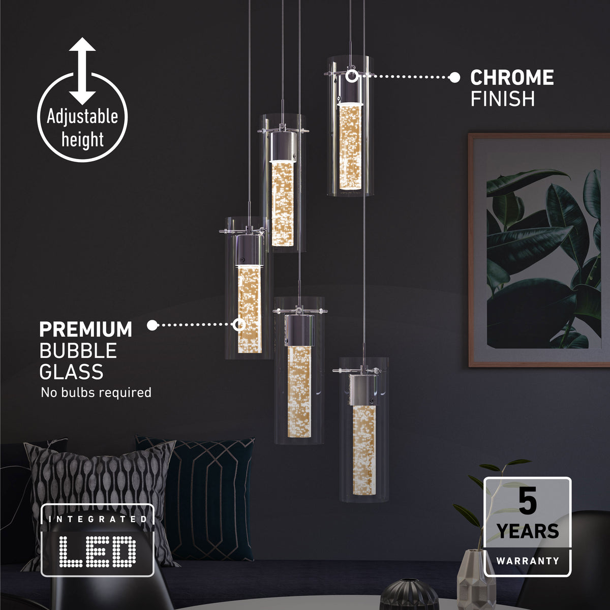 Artika Essence 5-light LED pendant with bubble glass and chrome finish, featuring integrated LEDs above a modern table and chair.