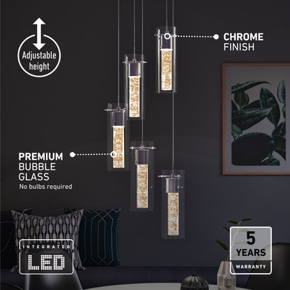 Artika Essence 5-light LED pendant with bubble glass and chrome finish, featuring integrated LEDs above a modern table and chair.
