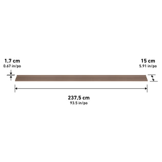 The Artika Panolok 30.67 ft wall panel kit (pack of 8) features brown rectangular planks with grooves, an oak finish, and dimensions of 237.5 cm x 15 cm x 1.7 cm—ideal for slatwall panels.