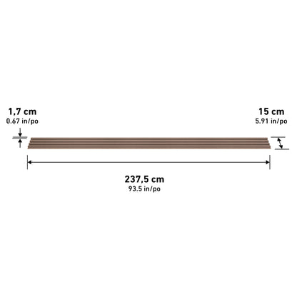 The Artika Panolok 30.67 ft wall panel kit (pack of 8) includes brown rectangular panels with grooves, each measuring 237.5 cm (93.5 in) long, 15 cm (5.9 in) wide, and 1.7 cm (0.67 in) thick; dimensions labeled on panels.