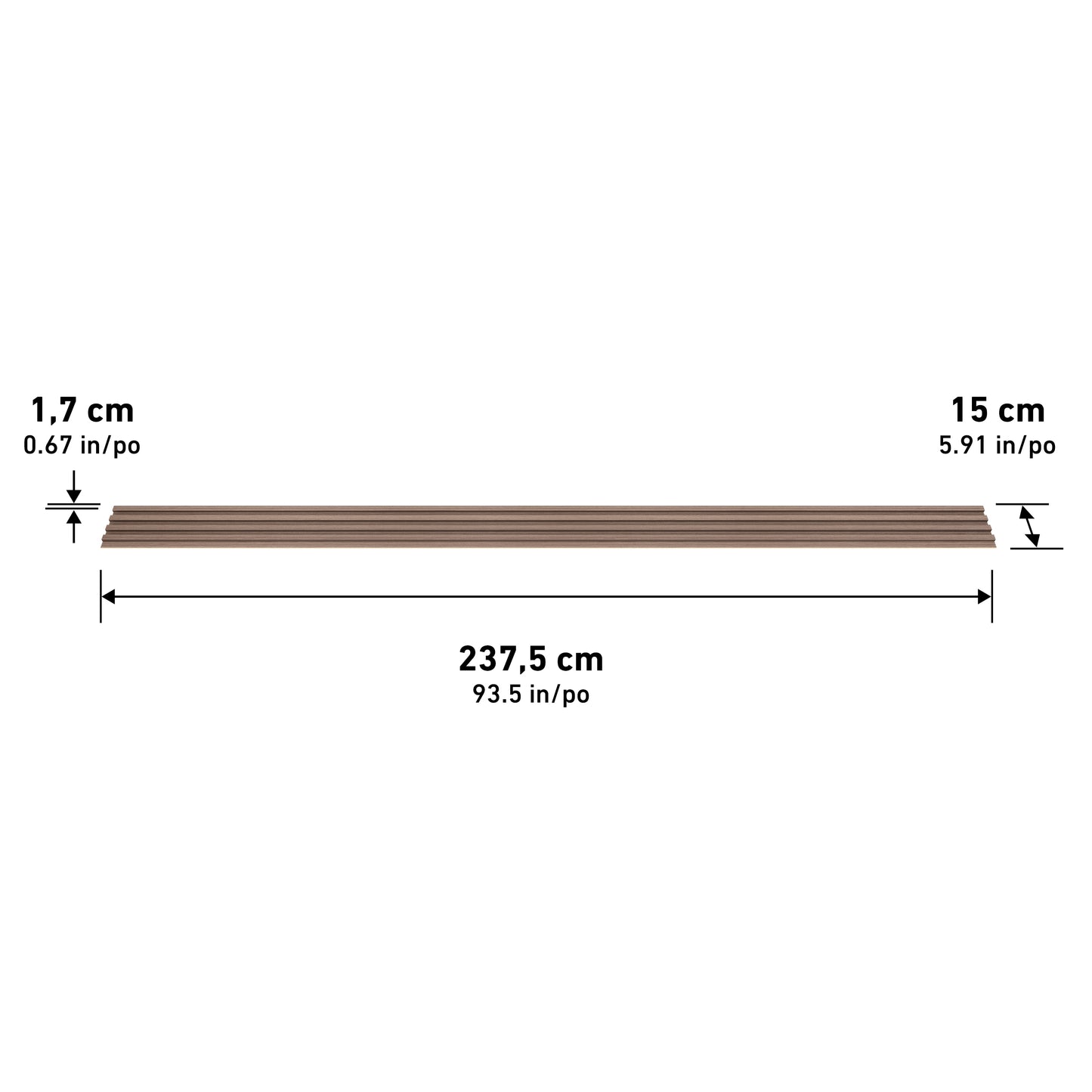The Artika Panolok 30.67 ft wall panel kit (pack of 8) features brown rectangular panels, each measuring 1.7 cm thick, 15 cm wide, and 237.5 cm long (0.67 x 5.91 x 93.5 inches).