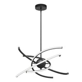 Modern black ceiling pendant light featuring a central sphere with curved, intersecting black and white LED arms, creating a dynamic, sculptural design. The fixture hangs from a straight rod attached to a round ceiling mount.