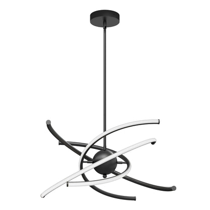 Modern black ceiling pendant light featuring a central sphere with curved, intersecting black and white LED arms, creating a dynamic, sculptural design. The fixture hangs from a straight rod attached to a round ceiling mount.