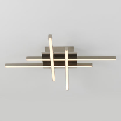 The Artika Grid LED flush mount features four intersecting horizontal and vertical metal bars with soft white light, mounted on a square base, set against a plain light gray background.