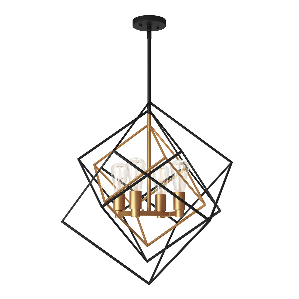 A modern pendant light featuring intersecting black geometric metal frames with gold accents and four exposed bulbs hanging from a black ceiling mount.