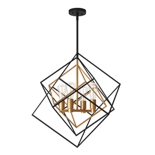 The Artika Harmonium modern mid-century pendant light showcases intersecting black metal cubic frames with gold accents and exposed bulbs, suspended from a black ceiling mount.