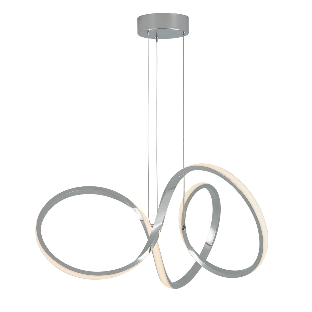 The Artika Swirl LED pendant light features intertwined silver metal loops with integrated LEDs, suspended by slim wires from a round ceiling mount for a modern look.