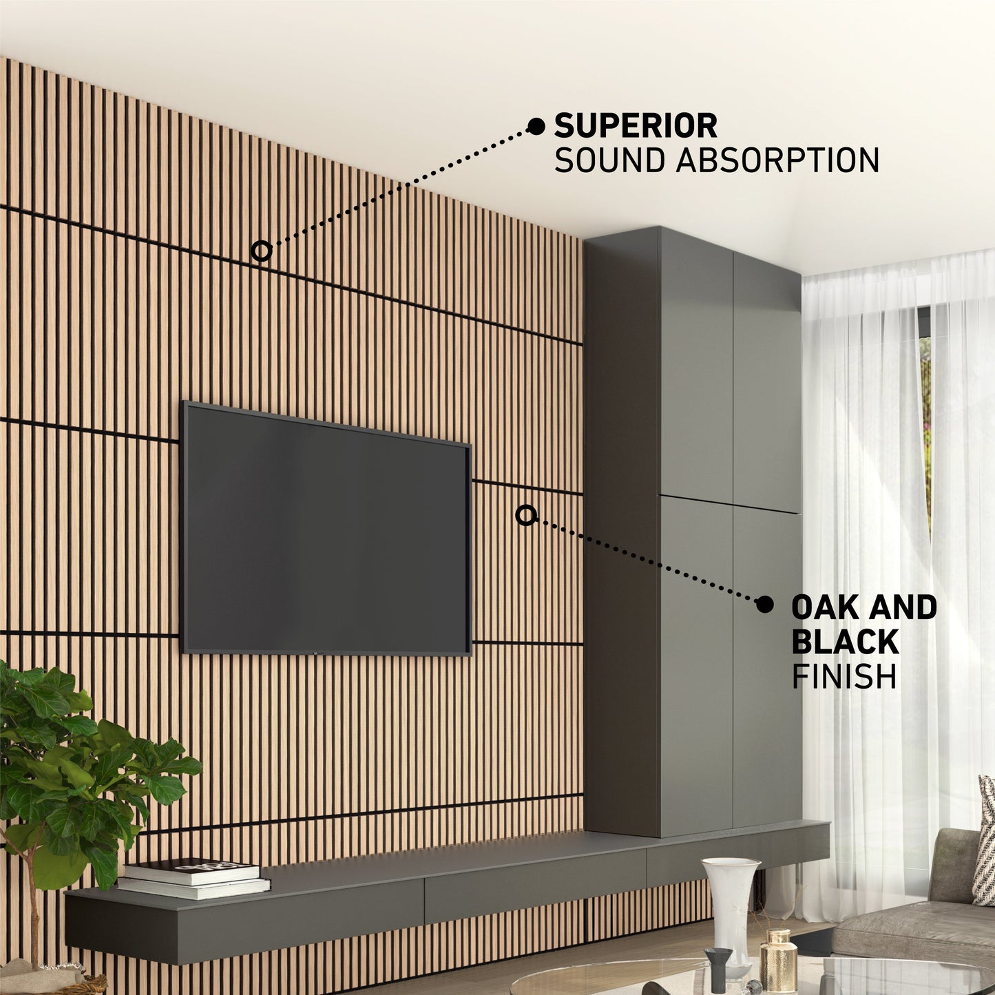 A modern living room features the Artika-CAN-dev Sonolok 15.5 ft sound-absorbing wall panel kit as a wood slat accent wall offering superior sound absorption, plus cabinetry in an oak and black finish, with a mounted TV and floating shelf.