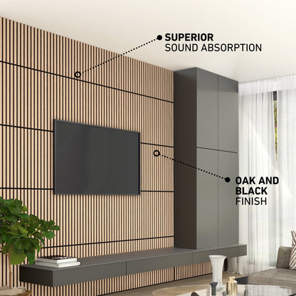 A modern living room features the Artika-CAN-dev Sonolok 15.5 ft sound-absorbing wall panel kit as a wood slat accent wall offering superior sound absorption, plus cabinetry in an oak and black finish, with a mounted TV and floating shelf.