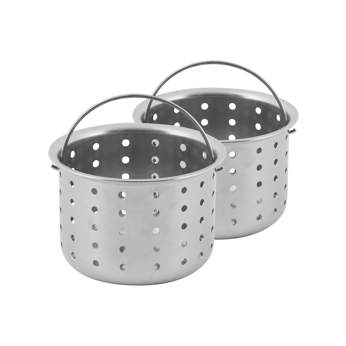 Two stainless steel perforated baskets with handles, placed side by side on a white background. The baskets have evenly spaced holes and are designed for draining or steaming food.